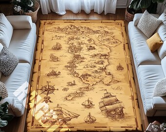 Fantasy Map Rug for Living Room – Vintage Adventure Decor with Pirate Ships & Compass Design