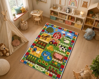 Farm Animal Kids Rug, Colorful Barnyard Playroom Rug with Tractor, Cow and Pig