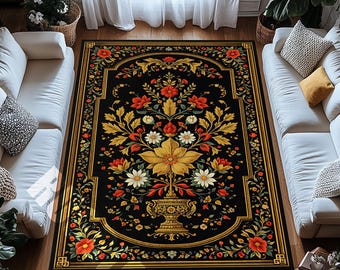 Black Floral Digital Print Area Rug Vintage Botanical