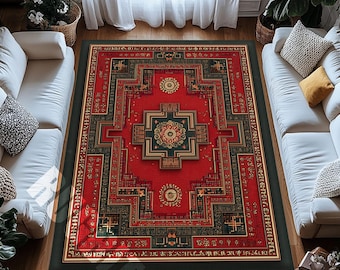 Mandala Geometric Rug – Washable Red Ethnic Carpet with Sacred Pattern and Boho Spirit
