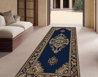Marineblau Persischer Stil Läufer Teppich Digitaldruck Vintage Oriental Flur Teppich