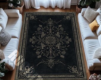 Black Digital Print Rug – Washable Anti-Slip Carpet with Minimal Floral Pattern for Modern Homes