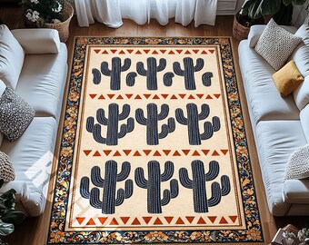Cactus Pattern Area Rug Digital Print Southwestern Living Room Carpet