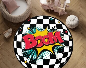 Boom Graphic Round Kids Room Rug Digital Print Non Slip Backing