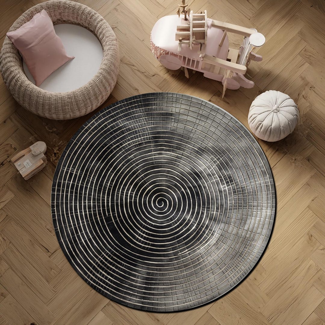 Digital Print Spiral Abstract Round Rug Black Minimalist Geometric ...