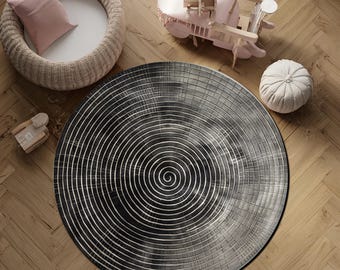 Digitaldruck Spirale Abstrakter Runder Teppich Schwarzer Minimalistischer Geometrischer Teppich