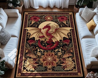 Fantasy Dragon Rug – Red Gold Gothic Carpet with Floral Moon Motif and Anti-Slip Backing