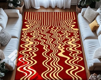 Red Wavy Abstract Area Rug Digital Print Modern Living Room Carpet