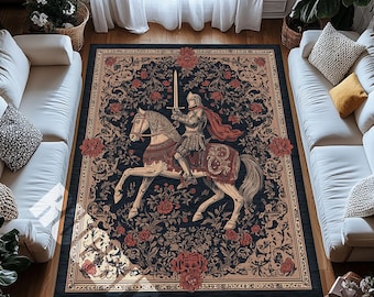 Medieval Knight Area Rug – Vintage Floral Carpet with Horse and Armor Motif, Anti-Slip Base