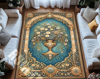 Blue Gold Floral Area Rug Vintage Vase Digital Print