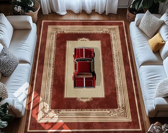 Vintage Red Car Rug, Retro Auto Digital Print Carpet, Classic Garage Decor