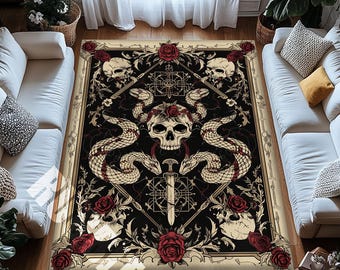 Gothic Totenkopf Schlangen Teppich Dunkel Floral Dagger Design Alternative Statement Teppich
