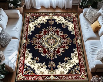 Traditioneller Orientteppich Marine Rot Medaillon Teppich Klassische Vintage Wohnzimmer Dekor