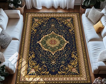Blue Gold Floral Medallion Digital Print Area Rug Classic Decor