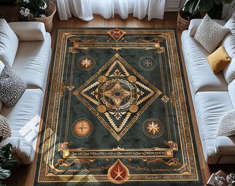 Mystic Compass Rug, Digital Print Carpet, Vintage Geometric Living Room Decor
