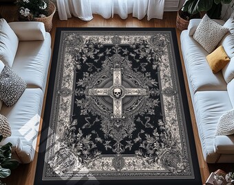 Gothic Skull Digital Rug - Washable Dark Floral Non Slip Carpet