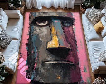 Abstract Moai Face Rug – Bold Modern Art Carpet for Statement Living Room Decor