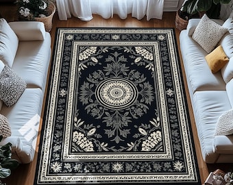 Navy Blue Floral Medallion Digital Print Area Rug for Living Room Bedroom