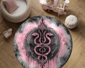 Pink Gothic Snake Round Rug – Washable Non Slip Carpet with Dark Fantasy 3D Design