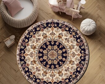 Digitaldruck Persischer runder Blumenteppich Navy Cream Verzierter Medaillonteppich