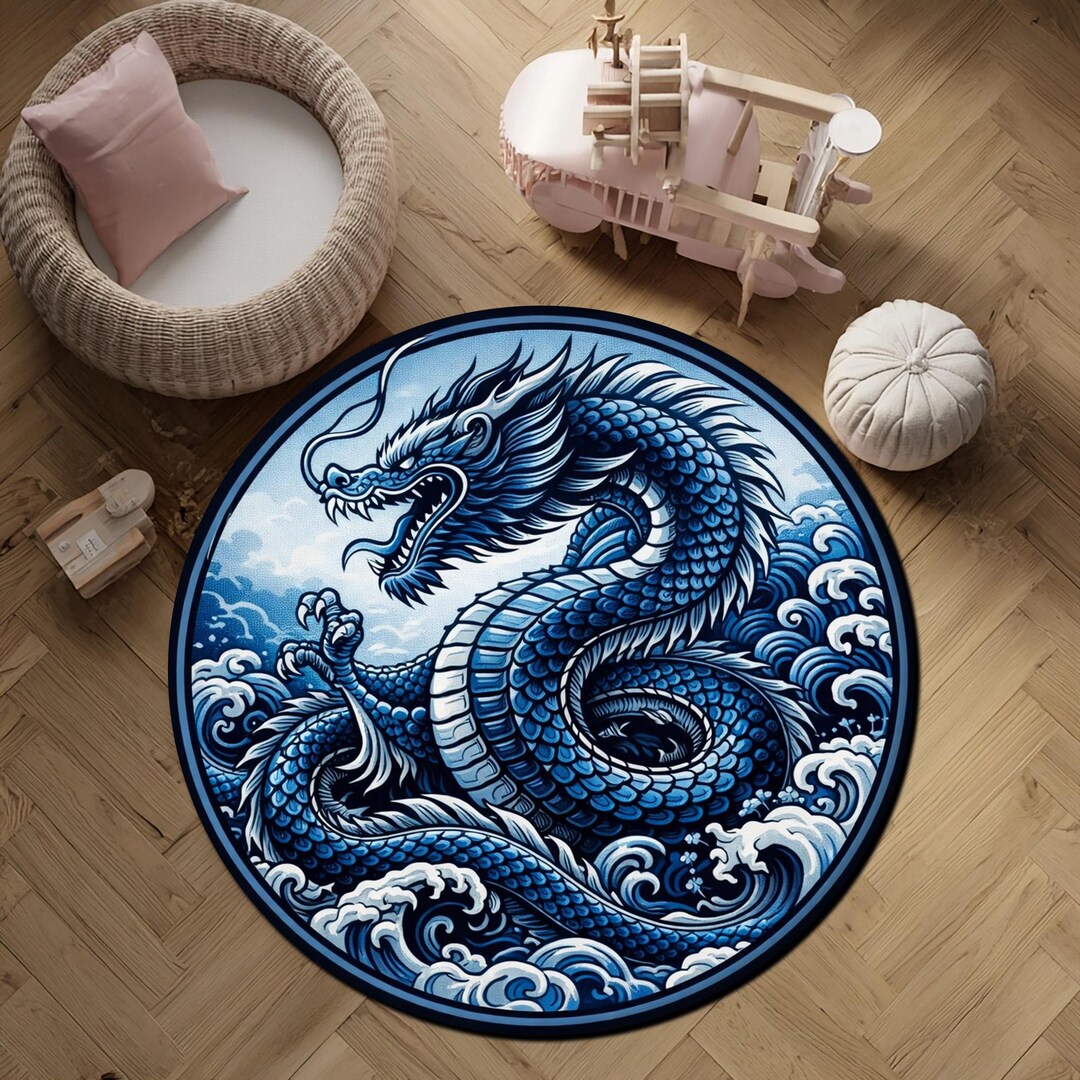 Dragon Small Rug Japanese Dragon Round Rug, Blue Water Dragon Rug, Asian Dragon Rug ...