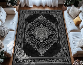 Schwarzer Gothic Mandala Teppich Dunkel Verzierter Vintage Medaillon Eleganter Teppich