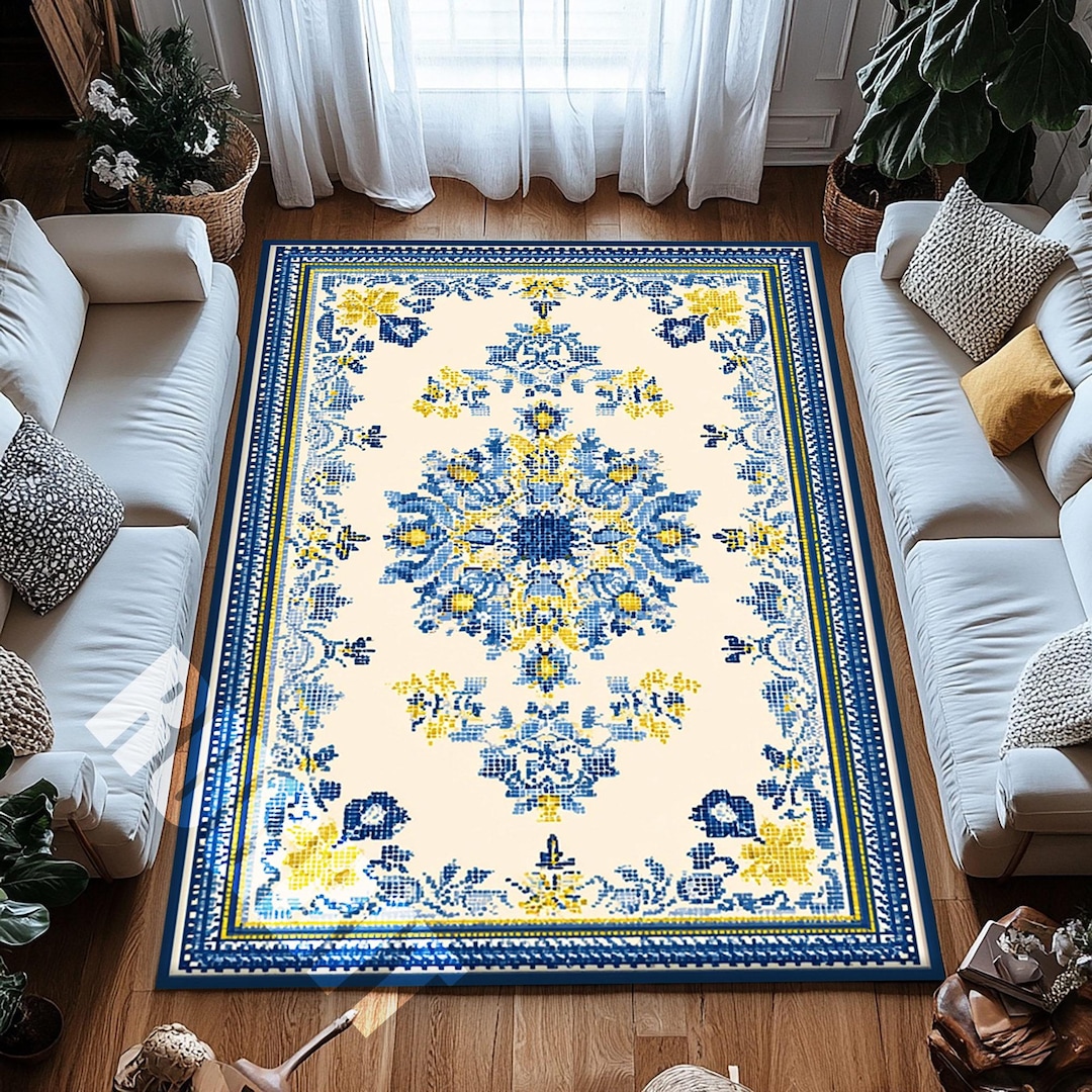 Cream Blue Yellow Floral Area Rug With Vintage Medallion Pattern - Etsy
