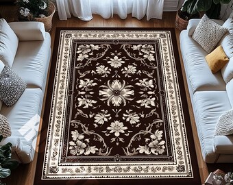 Traditional Floral Area Rug – Brown Cream Carpet with Vintage Pattern and Anti-Slip Cotton Back