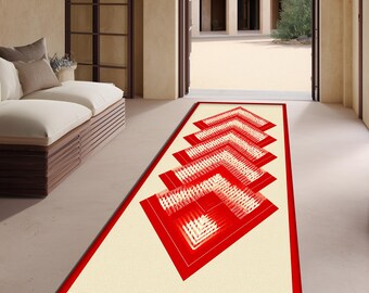 Red Geometric Runner Rug Digital Print Modern Hallway Carpet