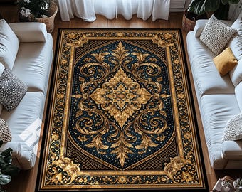 Navy Blue Gold Baroque Area Rug Luxury Digital Print Decor