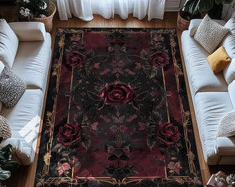 Dunkelroter Digitaldruck-Teppich mit Rosenmuster Gothic Floral Vintage Schwarzer Burgunder Teppich
