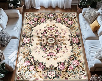 Vintage Blumen Medaillon Teppich Creme Rosa Rosen Eleganter Klassischer Teppich