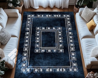 Navy Geometric Area Rug – Minimalist Washable Carpet with Square Border Pattern