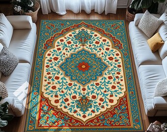 Turquoise Cream Floral Area Rug with Red Medallion Border