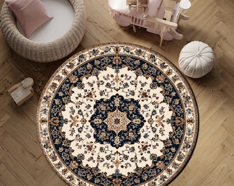 Digitaldruck Floral Persischer Runder Teppich Navy Cream Vintage Medaillon Teppich