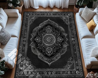 Schwarzer Mandala Gothic Teppich Verziertes Medaillon Dunkel Vintage Luxus Teppich