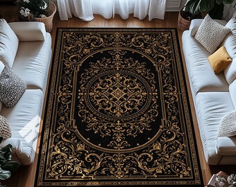 Black Gold Baroque Digital Print Area Rug Luxury