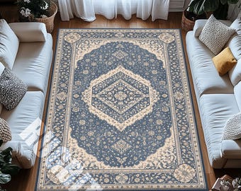 Blue Cream Digital Print Rug with Vintage Floral Diamond Pattern