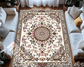 Floral Vintage Medaillon Teppich Creme Persischen Stil Eleganter Botanischer Teppich