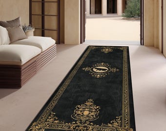 Schwarz Gold Persischer Stil Läufer Digitaldruck Vintage Ornamente Flur Teppich