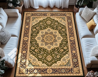 Green Cream Digital Print Rug with Navy Ornate Floral Border