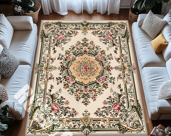 Floral Vintage Medaillon Teppich Creme Rosengarten Elegant Botanischer Teppich
