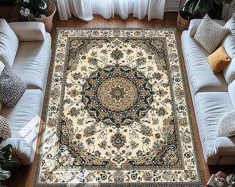 Vintage Persischer Medaillon Teppich Creme Blau Verzierter Klassischer Blumenteppich