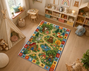 Woodland Animal Kids Rug, Forest Adventure Playroom Rug with Fox, Bear and Bunny