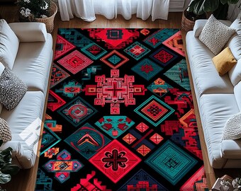 Tribal Neon Area Rug – Washable Ethnic Carpet with Boho Geometric Pattern