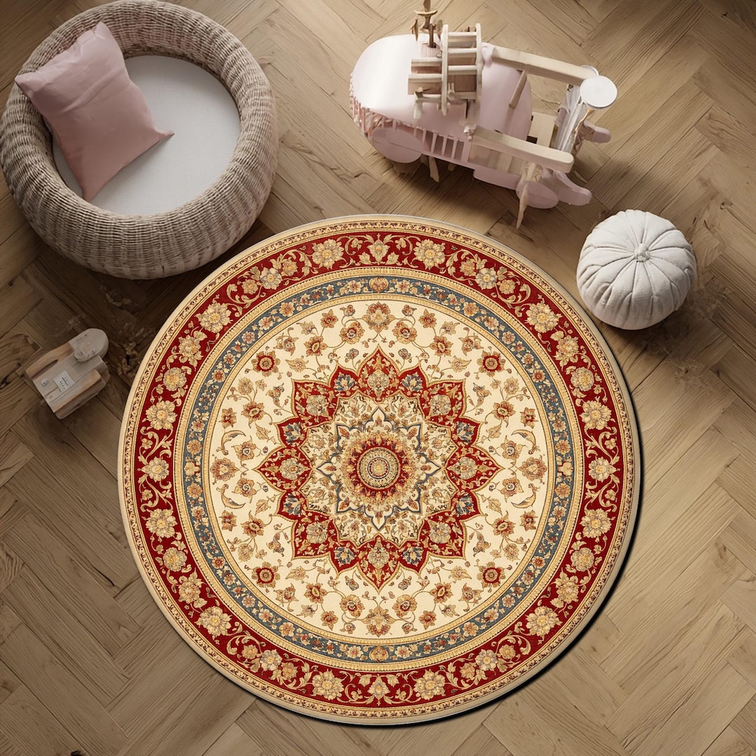 Persian Medallion Round Digital Print Rug Traditional Red Floral Decor ...