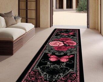 Gothic Floral Runner Rug – Black and Pink Rose Hallway Carpet with Butterfly Design
