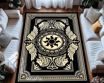 Celestial Crest Area Rug Black Gold Fantasy Emblem Decor