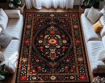Black Floral Digital Print Area Rug Vintage Red Flower Medallion