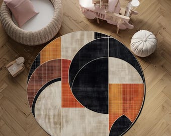 Digitaldruck Abstrakter Geometrischer Runder Teppich Moderner Neutraler Beige Schwarzer Teppich